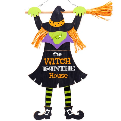 Valery Madelyn Halloween Witch Decor for Home Indoor, 25Inch Halloween Wreaths for Front Door with Hat and Witch Broom, Cute Wooden Sign Hanging Halloween Wall Decor for Porch Home Window Party Gift