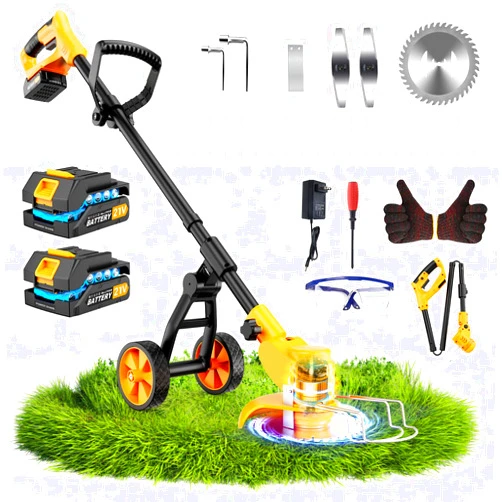 Lazenry Electric Weed Wacker Cordless with Wheels,Electric Weed Eater Battery Powered 4000mAh,4 in 1 Grass Trimmer/Brush Cutter/Grass Edger/Small Lawn Mower,No String Trimmer with Blade, 2 Battery (Yellow)