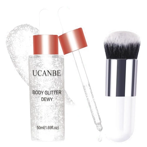 UCANBE Face Body Glitter Liquid Highlighter Illuminator Dewy Drops with Makeup Brush, Makeup Sparkle Shine Luminizer Enhancer Skin Body Shimmer Tint 50ml/1.69oz (02 Silver Fairy White, Standard)