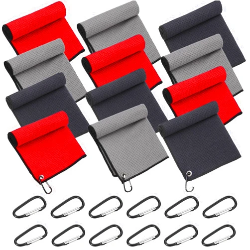 Batiyeer 12 Pcs Golf Towel Bulk for Golf Bags 16'' x 16'' Microfiber Fabric Golf Towel with Clip Waffle Pattern Golf Towel for Golf Bags, Fitness, Camping, Hiking, Yoga