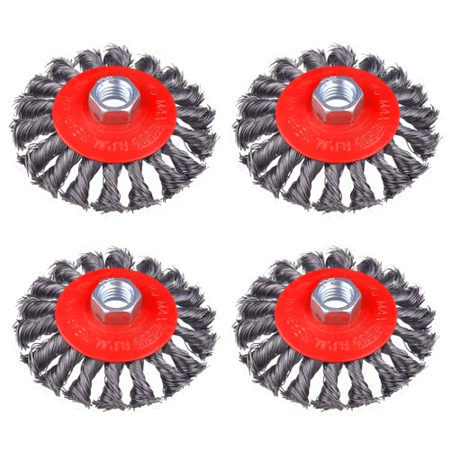 WENORA 4 Pack 4 Inch Twist Knotted Wire Wheel Brush for Angle Grinder with 5/8 Inch-11 Threaded Arbor, for Heavy-Duty Conditioning for Various Metals