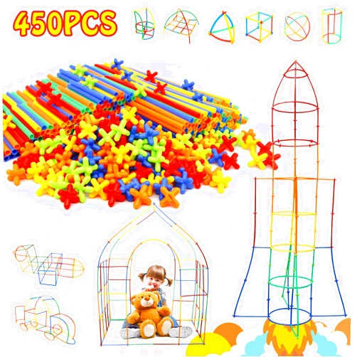 Ggiibro Creative Straw STEM Building Toys 450Pcs Aged for 3-5 5-7 Preschool Kids Constructor Toy Thin Tube Toy DIY Educational Interlocking Plastic Engineering Toys Kit for Boys and Girls