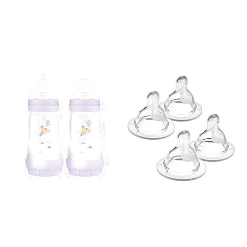 MAM Easy Start Anti-Colic Baby Bottles, 9 oz (2 Count), Medium Flow Nipples & Mixed Flow Nipple Pack for Newborns & Older Babies, Fits All MAM Bottles