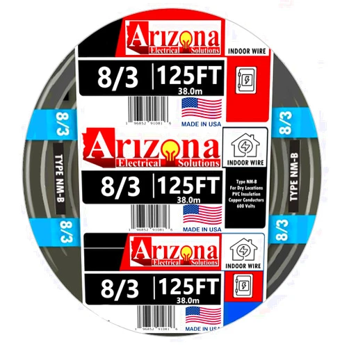 ARIZONA ELECTRICAL SOLUTIONS 125 Ft 8/3 NM-B Copper Wire, #8 AWG, 3 Conductor with Ground, Black Jacket