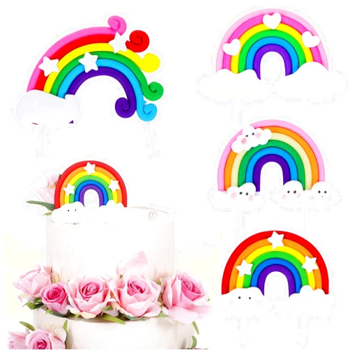 DIVINA VITAE 4 Pcs Pastel Rainbow Cake Topper Soft Pottery Rainbow and Cloud Cake Topper Colorful Rainbow Cake Decorations Personalized Rainbow High Cake Topper for Party Birthday Wedding Cake Decorations Supplies