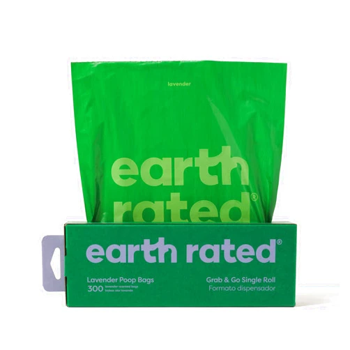 Earth Rated Dog Poop Bags, Thick Grab and Go Single Roll, Ideal for Backyard Pickups, Lavender Scented, 300 Bags
