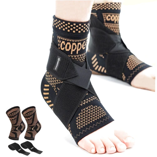 INDEEMAX Ankle Brace for Sprained Ankle Compression Sleeve, 2 Pack Copper Infused Ankle Support Brace for Women & Men, Plantar Fasciitis Relief Achilles Tendonitis, Sports Running, Copper Black, L