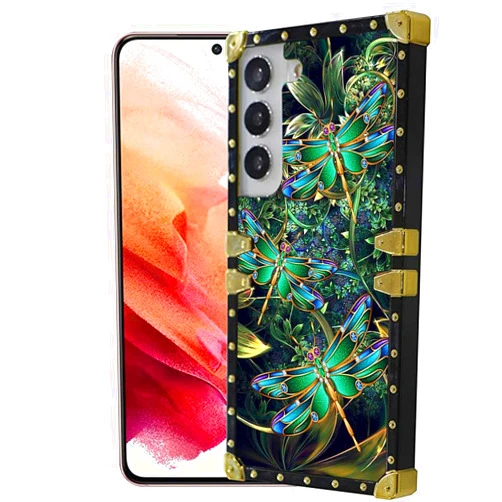 Stewing prerog Compatible with Samsung Galaxy S22 Square Case, Green Flying Dragonfly Luxury Golden Decoration for Samsung Case Girls Women, Soft TPU and Hard PC Back Trendy Protective Cover Case