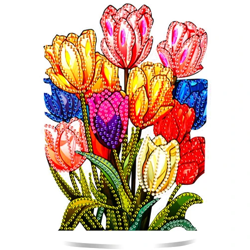 GemZono Tabletop Diamond Art Painting Kit,Tulip Diamond Art Desktop Ornament Special Shaped Rhinestone Desk Placement Ornament, Home Stand Up Gem Painting Craft Kit 5.55x7.41inch