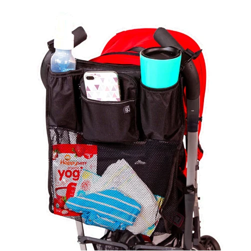 J.L. Childress Cups 'N Cargo Universal Stroller Organizer with Cup Holders and Mesh Storage Compartment - Deep Cup Holders - Multiple Zippered Pockets - Fits Uppababy, Stroller Wagons & more - Black