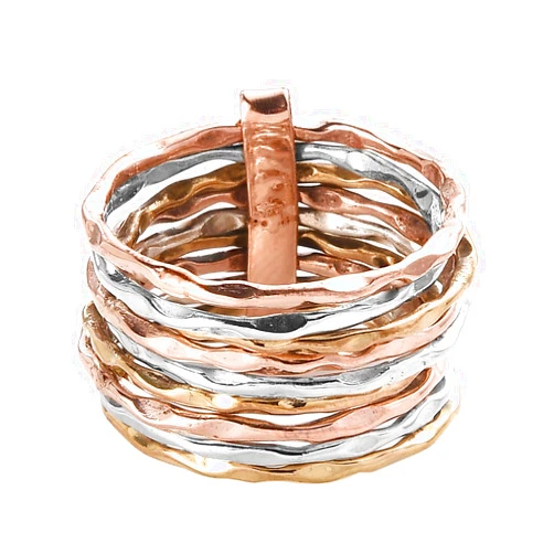 PHNX 3 Tone Hammered Statement Stackable chunky Band Rings For Women SIlver Copper Brass Ring Thin Band for Women, 9 Stacked Rings