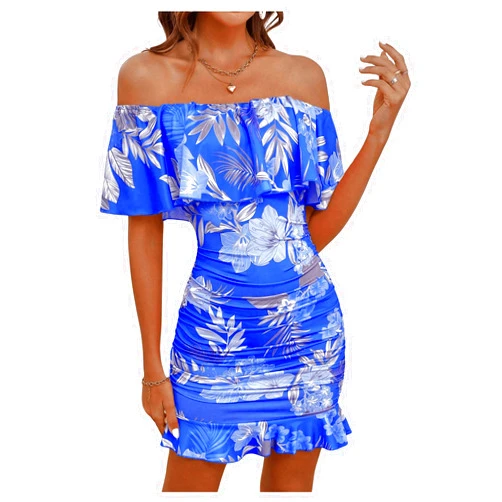 Floerns Women's Off Shoulder Ruffle Trim Short Sleeve Tropical Print Bodycon Dress