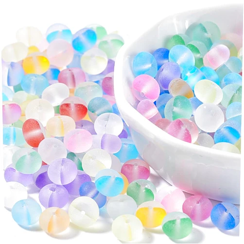arricraft 200 Pcs 8mm Matte Crystal Glass Beads, 10 Colors Round Frosted Transparent Mystic Aura Mermaid Aurora Bead Shimmer Flash Moonstone Loose Beads for Necklace Jewelry Making