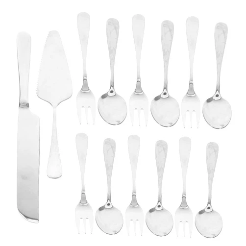 SHOWERORO 14pcs Stainless Steel Cake Cutting Set with Forks Spoons and Mousse Spatula for Weddings Parties and Baking Needs Baking Tools