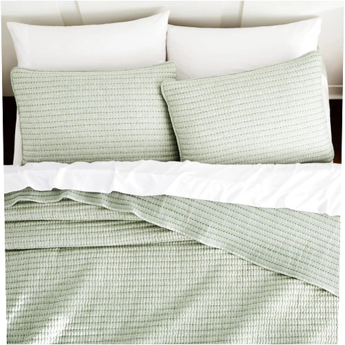 WDCOZY Sage Green Pick Stitch King Size Quilt Set, Striped Lightweight Soft Summer Spring Bedspread, Bamboo Linen Like Textured Coverlet, Chambray Farmhouse Country Rustic Thin Bedding Comforter