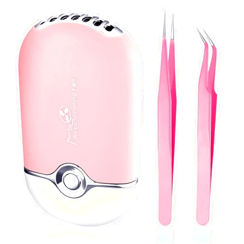 Mudder USB Air Conditioning Blower Handheld Eyelash Fan Dryer Rechargeable Eyelashes Dryer Fan Mini Portable Fans with 2 Pieces Straight and Curved Tweezers for Eyelash Extensions Women(Pink)