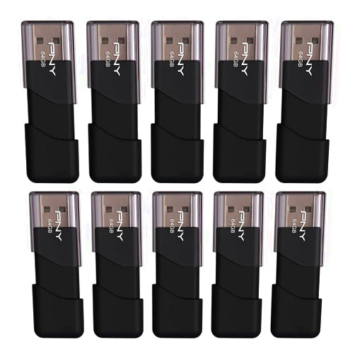 PNY 64GB Attaché 3 USB 2.0 Flash Drive, Black (Pack of 10)