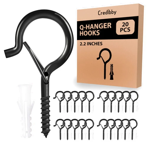 Credibby 20Pcs Q Hooks for Hanging with Safety Tubes, 2.2 Inches – Black Metal Ceiling Hooks for Indoor & Outdoor – Rust-Resistant & Windproof – Hanging Hooks for Kitchen Items, Plants, Lights etc