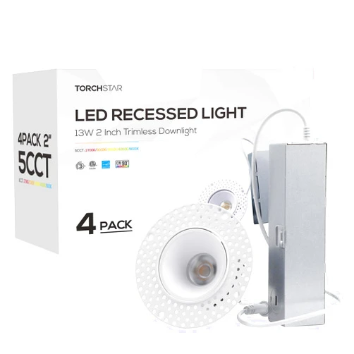 TORCHSTAR 5CCT Trimless 2 Inch LED Recessed Light, 13W 120V Ceiling Canless Round Commercial Dimmable LED Downlight with Junction Box, 2700K-5000K 800LM CRI 90+, ETL Energy Star, Pack of 4