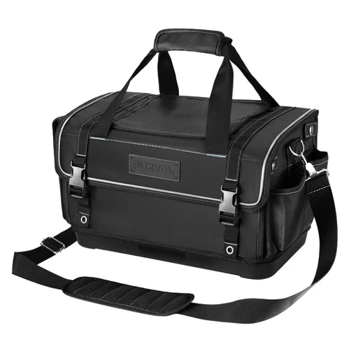 FUZVOL Heavy Duty Tool Bag with Wide Mouth, Full-Open Tool Bag, Tool Box Organizer Storage, Tool Tote with Adjustable Shoulder Strap, Portable, Waterproof, Multi-Pockets, Molded Base, Black