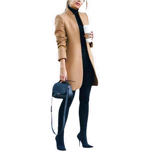 Kwoki Fashion Kwoki Women's Stand Collar Open Front Pea Coat Casual Winter Warm Mid Long Blazer Trench Coats Overcoat Outerwear