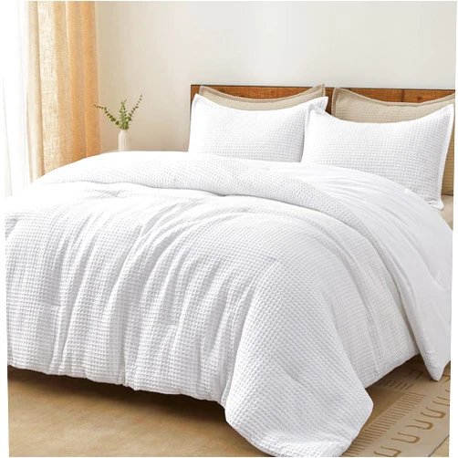PHF 3 Pieces Waffle Weave Comforter Set Queen Size, Lightweight Breathable Comfy Bedding Set for All Season, Ultra Soft Textured Comforter Set with 2 Pillow Shams, White