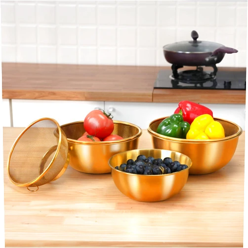 HISKIWUU 6 pcs Stainless Steel Colander Set with 1.2Qt 2Qt and 3Qt Capacity,Stainless Steel Strainer with Metal Mixing Bowls,Colander Stainless Steel for Kitchen Drain Pasta Rice Fruit Vegetable Washing,Gold
