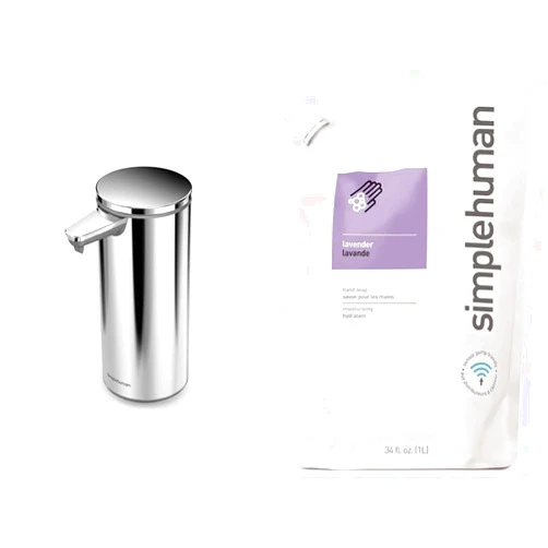 simplehuman 9 oz. Touch-Free Rechargeable Sensor Liquid Soap Pump Dispenser, Polished Stainless Steel and simplehuman Lavender Moisturizing Liquid Hand Soap Refill Pouch, 34 Fl. Oz.