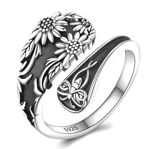 Teioa Sunflower Spoon Ring - Sterling Silver Vintage Adjustable Antique Spoon Rings for Women Boho Flower Wide Thumb Ring