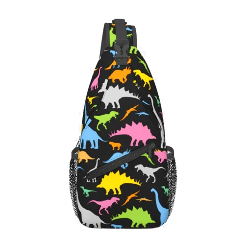 SURERUIM Cute Cartoon Dinosaur Sling Bag for Women Men Seamless Colorful Dinosaurs Pattern on Black Background Crossbody Chest Shoulder Bag Cartoon Dinosaur Backpack Casual Gym Travel Hiking Daypack
