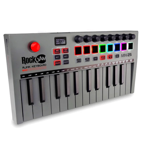 RockJam, Go 25 Key USB and Bluetooth MIDI Keyboard Controller with 8 Backlit Drum Pads, 8 Knobs, One-Size (RJMK25)