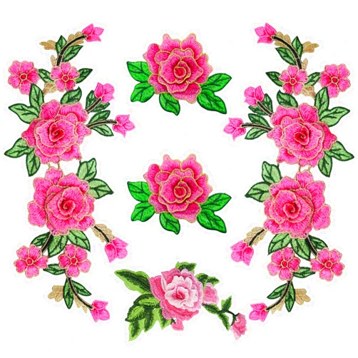 ZZXLLRO 5Pcs Rose Flower Iron On Patches, Pink Floral Embroidered Patches Applique Sewing Patches for Dress Clothing, Bags, Jackets, Jeans DIY Embellishments Craft Decoration (Need to sew)