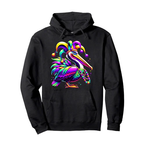 Pelican Mardi Gras Festival present for Men Women Colorful Mardi Gras Pelican Louisiana Jester Hat Beads Pullover Hoodie