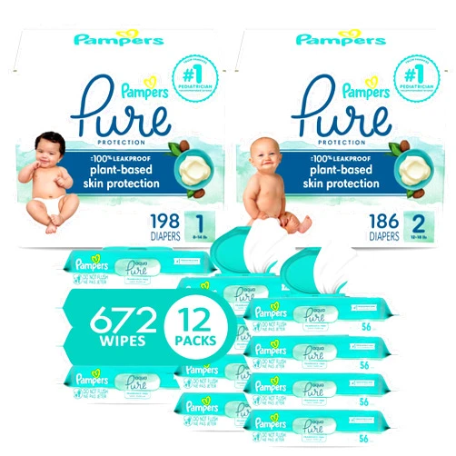 Pampers Pure Protection Disposable Baby Diapers Starter Kit (2 Month Supply), Sizes 1 (198 Count) & 2 (186 Count) with Aqua Pure Sensitive Wipes, 12X Pop-Top Packs (672 Count)