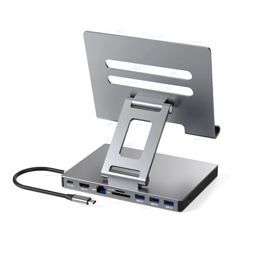 NXPGKEA iPad Pro USB C Hub Stand, 9-in-1 Adapter for iPad Pro M4 M2 13 12.9 11 Inch Docking Station Foldable with 4K 60Hz HDMI, RJ45 Gigabit Ethernet, SD/TF Card Reader, 3 USB 3.0, 3.5 mm Audio, iPad Air