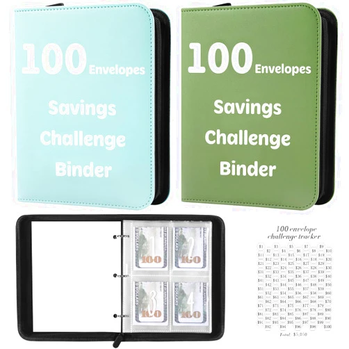 Honomastry 100 Envelopes Money Saving Challenge Binder with Laminated Tracker, Money Saving Challenge Budget Binder with Cash Envelopes, Savings Challenge Book with Zipper to Save $5,050