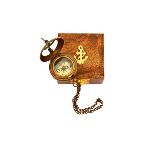 JYPR Handmade in India - Vintage Brass Sundial Compass with Wooden Box, Antique Steampunk Decor, 2 Inch Navigational Push Open Compass Sun Clock Unique Best Gift for Men Women Him Her, Brown
