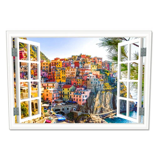 EYEZER Island City Scenic Paintings 3D Open Window View Seascape Picture Wall Decor Greenland window view canvas wall art Artwork for Living Room Decoration 30x45cm(12x18in) Frameless