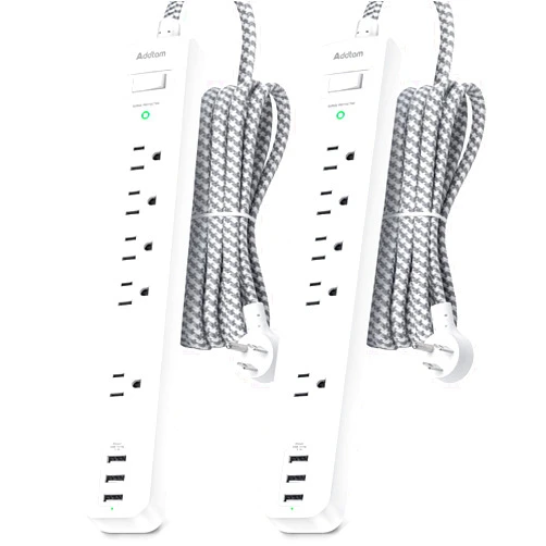 Addtam 2 Pack Power Strip Surge Protector - 5 Widely Spaced Outlets 3 USB Charging Ports, 1875W/15A with 5Ft Braided Extension Cord, Flat Plug, Overload Surge Protection, Wall Mount for Home Office,White
