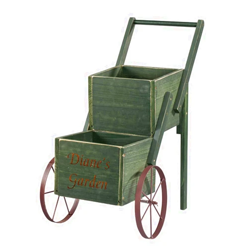 Fox Valley Traders Personalized 2-Tier Garden Trolley Cart, Solid Wood, Metal Hardware, Indoor/Outdoor, Rustic Multi-Use Plant Holder, Green, Measures 15 3/4