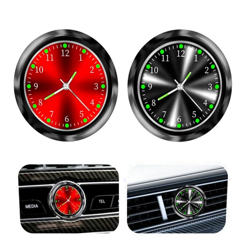 MLAHUIER 2PCS Mini Car Clock for Dashboard, 1.5In Metal Round Luminous Clock with Adhesive, Universal Decorative Automotive Watch Accessories for Boats Trucks SUVs Cars((Red & Black)