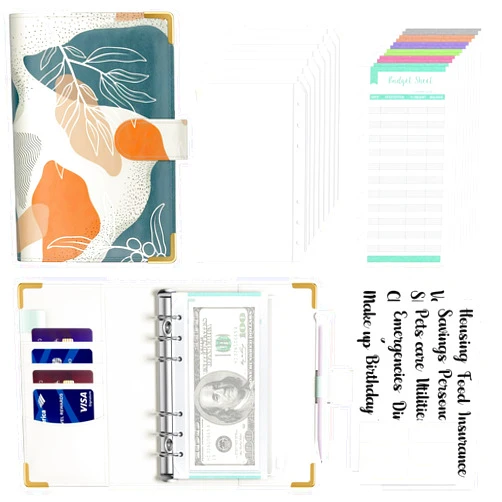 Rnivvi Budget Binder with Zipper Envelopes, A6 Money Saving Cash Envelopes for Budgeting, PU Leather Planner Organizer Bills, Boho Wallet Men, Abstract Leaves
