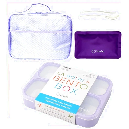 kinsho Bento-Box with Lunch Bag and Ice Pack Set. Containers for Kids Girls Adults Snacks and Lunches. 4 Compartments, Leakproof Portion Container Boxes Insulated Bags for School, Purple