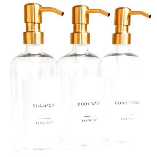 KIBAGA Stylish Shampoo and Conditioner Dispenser Set of 3 - Modern 21oz Shower Soap Bottles with Pump and Labels - Easy to Refill Body Wash Dispensers for an Instant Bathroom Decor Upgrade Clear