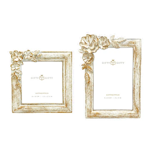 GIFTY GIFTY Vintage Floral Mini Frame Set/Set of 2 / 2x3 & 2.5x2.5 In | For Tabletop Display | Perfect for Home Decor, Wedding, Graduation, Or Milestone Photos (Gold with White)