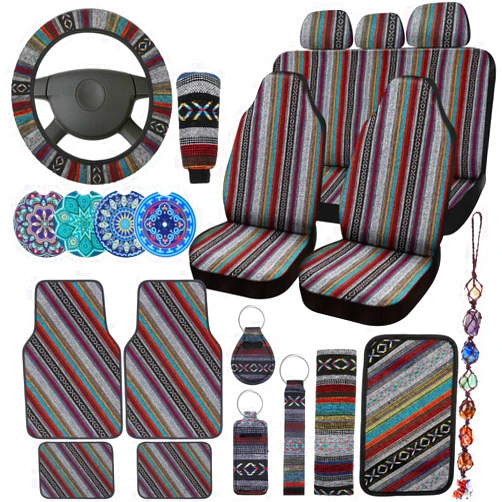 Frienda 26 Pcs Boho Car Seat Covers Full Set Stripe Steering Wheel Cover Seat Boho Car Accessories Car Coasters Hippie Belt Cover Armrest Cover Crystal Hanging Ornament Car Holders Fits for Car