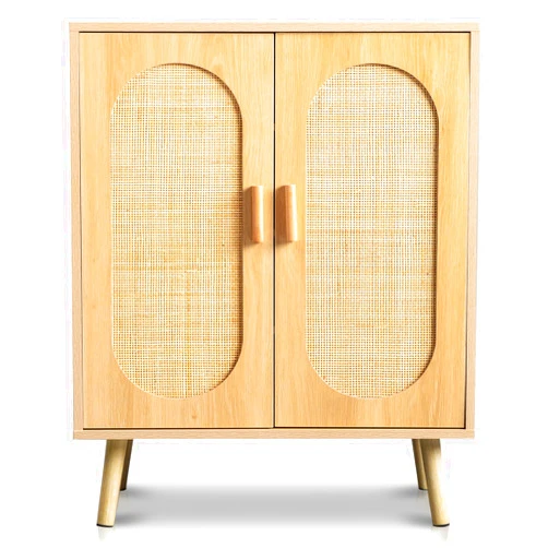 Monoki Modern Rattan Shoe Storage Cabinet with Double Doors and Adjustable Shelves, Accent Cabinet for Living Room, Bedroom, Hallway