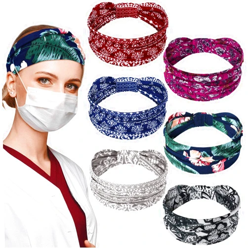 WILLBOND 6 Pieces Nursing Headbands with Buttons for Nurses Doctor Women Boho Bandana Headbands Wide Stretch Head Wraps Elastic Hair Bands for Face Covering Holder Ear Protection (Colorful Pattern)