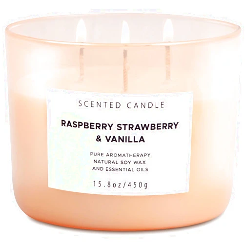 T&H Raspberry Strawberry Vanilla Candle | Large 3 Wick Highly Scented Candle for Home | Natural Soy Candle | Refreshing Aromatherapy Candle Gift 15.8 oz | Long Lasting Relaxing Candle for Women & Men