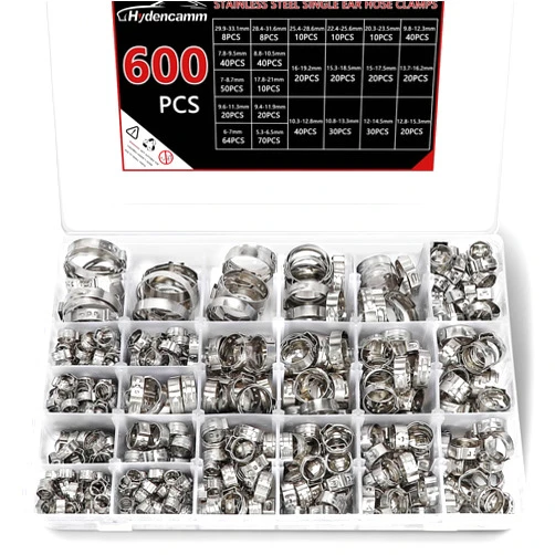 Hydencamm 600PCS 22 Sizes Single Ear Hose Clamps, 5.3-33.1mm Crimp Hose Clamps 304 Stainless Steel, Ear Clamp Perfect for Automotive, Home Appliance Line, Pipe Hoses and Industry Use By Hydencamm